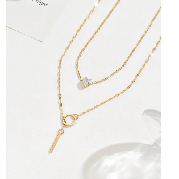Luxe Gold Tone Cubic Zirconia Multilayer Lariat Necklace - Picture 3 of 3